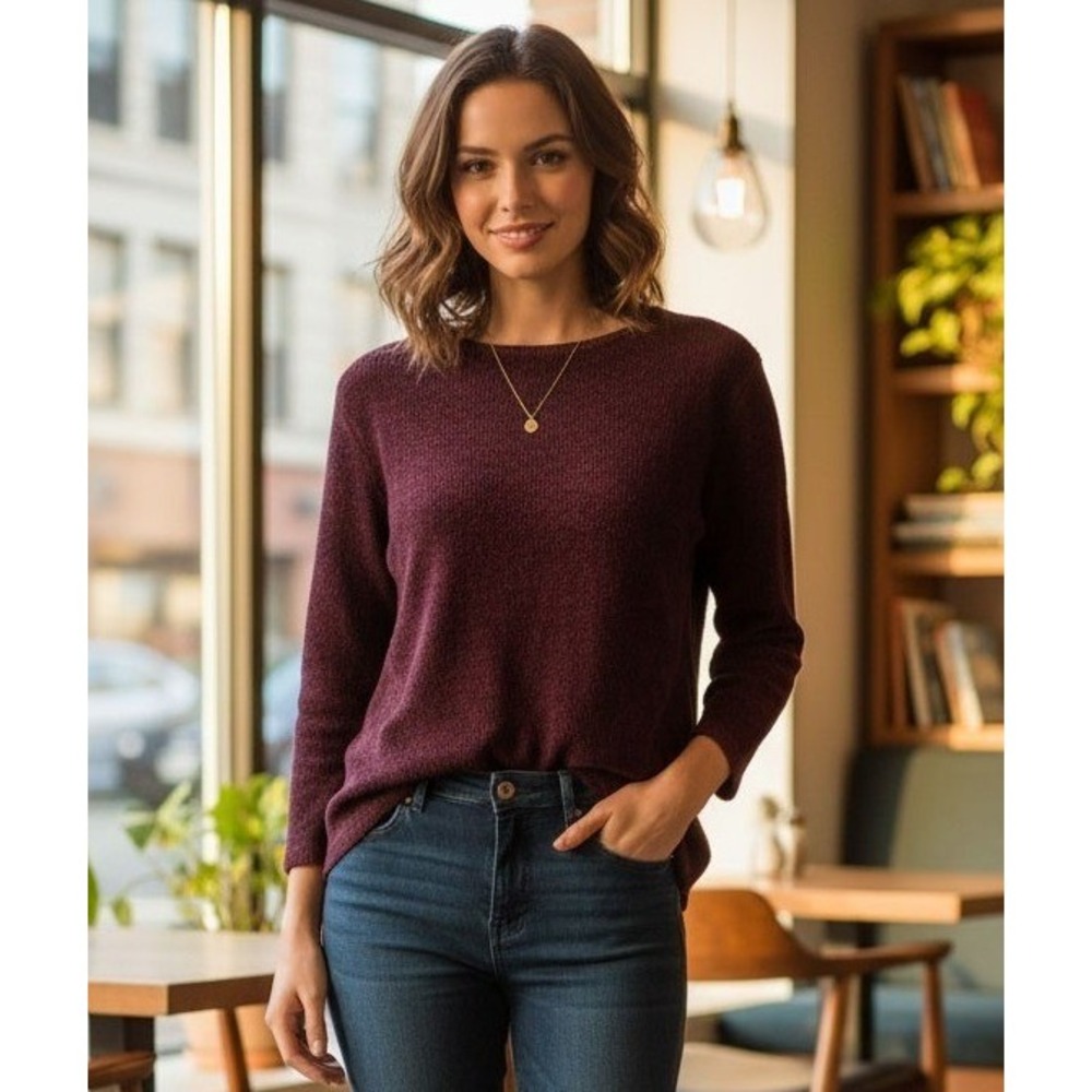 Amore Long Sleeve Top Womens Small Burgundy Knit Quiet Luxury Travel Stretch NWT